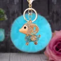 Blue plush pom pom keychain with rhinestone crystal ram sheep charm metal keyring pendant gift - Lucky Blue Sheep + Blue Plush Ball