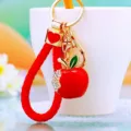 Cute red rhinestone apple keychain, stylish braided rope bag charm and car key ring. - Red Rope + A812 Red Apple