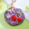 Rhinestone cherry makeup mirror keychain cute crystal butterfly bag pendant portable compact mirror - Purple Base Red Cherry