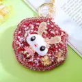 Rhinestone crystal rabbit mirror keychain close up, dazzling red diamonds and pearls design detail view. - Single OPP Bag Packaging / Red