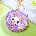 Sparkly rhinestone bunny compact mirror keychain, cute purple glitter bag charm for women. - Single OPP Bag Packaging / Purple