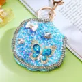 Sparkling rhinestone butterfly pocket mirror keychain, stylish compact makeup mirror bag charm. - Blue Butterfly C
