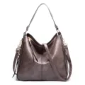 Sac à bandoulière hobo en cuir PU gris vue détaillée, grand sac fourre-tout polyvalent. - Ensemble deux pièces / Gris