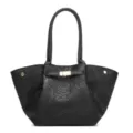 Detailed view of black leather tote bag with embossed rose pattern and gold hardware close up. - Black