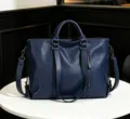 Women's soft leather shoulder handbag large capacity tote bag fashion daily commuter purse - Dark Blue