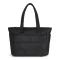 Detail of black puffer tote bag with quilted design and secure top zipper closure - Bottom Length 35cm Height 26cm Width 15cm / Black