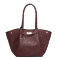 Close-up detail view of the burgundy embossed rose tote handbag, highlighting pattern. - Purple