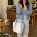 White woven shoulder bag for women, large capacity tote bag, stylish commuter handbag. - White