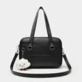 Black Japanese style JK uniform bag, PU leather tote crossbody bag with cute cloud plush pendant. - No Pendant / Black