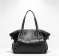 Detailed view of the vintage soft PU leather large capacity shoulder tote bag texture. - Black