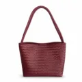 Burgundy woven leather shoulder bag detail, classic intrecciato design, elegant luxury style. - Red