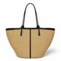 Large capacity straw woven tote bag with black leather handles and center stripe for beach travel. - 40x13x27cm / Tan