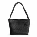 Black Woven Leather Shoulder Bag Vintage Casual Underarm Tote Handbag for Women - Black