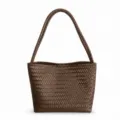 Brown woven leather shoulder bag detail, showcasing elegant texture and classic design. - Coffee