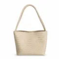Detailed view of the beige woven leather shoulder bag, premium intrecciato style tote purse. - White