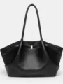 Black leather tote bag for women, stylish minimalist winged shoulder bag with large capacity. - Black