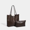 Women large capacity tote bag retro PU leather shoulder bag with matching pouch for work. - Coffee