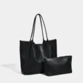 Classic black tote bag set with matching pouch, large capacity PU leather shoulder bag for women. - Black