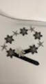 Retro black faux leather waist chain with silver metal starfish and flower rivet details for women. - Black