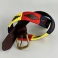 Close-up detail of a handmade equestrian embroidered woven belt with genuine leather and buckle. - 118cm / Coffee