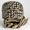 Punk style multi-row square pyramid metal studded animal print leather belt detail. - 120cm / Beige Yellow