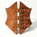 Brown leather wide corset belt with three vintage metal pin buckles, elegant waist cincher. - Brown