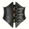 Black PU leather wide corset belt, gothic Y2K waist cincher with three vintage metal buckles. - Black