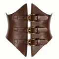Brown wide corset belt detail showing three brass buckles and premium leather texture. - Coffee