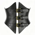 Black PU leather corset waist belt detail featuring three vintage brass metal pin buckles design. - Black