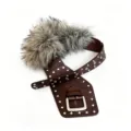 Y2K punk style wide leather belt featuring metallic studs and fluffy plush accent detail. - Rivet Furry Wide Belt / 100cm / Retro Brown