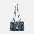 Quilted denim chain crossbody bag with frayed patchwork design and stylish metal twist lock. - Dark Blue