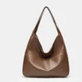 Brown PU leather large capacity shoulder tote bag for women, retro casual handbag daily use. - Brown