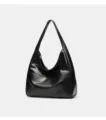 Black large capacity hobo shoulder bag, soft faux leather tote, casual daily handbag. - Black
