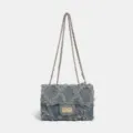 Denim frayed chain shoulder bag chic vintage style diamond lattice crossbody bag for women - Light Blue
