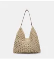 Beige straw woven hobo shoulder bag for women large capacity summer beach travel tote bag - Off White