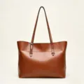Brown vintage large capacity leather tote shoulder bag, detailed craftsmanship and handles. - Brown