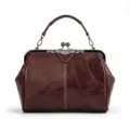 Vintage brown leather kiss-lock handbag, elegant retro top-handle shoulder crossbody bag. - Coffee