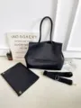 Retro large capacity black leather tote bag, casual daily shoulder and crossbody bag detail. - With Strap / Black