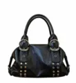 Korean style soft leather shoulder handbag with metal ring buckles and rivet details for daily commute. - Black