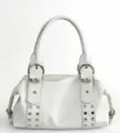 Korean style large capacity shoulder underarm bag, white soft leather rivet cylinder tote handbag. - White