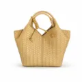 Beige woven leather tote bag with elegant intrecciato design and chic handle knot detail. - Yellow