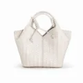 Woven leather handbag for women, elegant white shoulder tote bag with knotted handle detail. - White