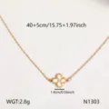 Goldener Titanstahl Vierblättriger Kleeblatt Halskette Detailansicht Anhänger 40cm Länge - Vierblättrige Blume weiße Muschel Diamant Halskette [N1303]