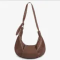 Brown slouchy soft leather pleated dumpling bag, casual versatile croissant shoulder crossbody bag. - Brown