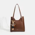 Sac cabas en cuir marron pour femme, sac à épaule élégant avec pendentif lapin mignon. - Marron