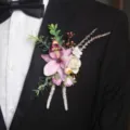 Elegant pink purple wedding boutonniere for groom, artificial floral lapel pin for celebration. - Forest Pink Purple Corsage