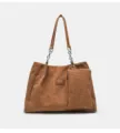 Brown corduroy tote bag for women, large capacity shoulder bag with chain strap and small pouch. - Brown