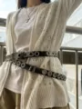 Double layer grommet waist belt detail showing stylish black PU leather and metal eyelet design. - 165cm / Black Silver Hardware