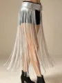 Punk style silver metallic rivet fringe waist belt detail shot showing long hanging straps. - 110cm / Silver