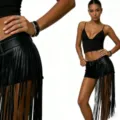 Black faux leather fringe belt for women, bohemian style long cummerbund accessory. - Black